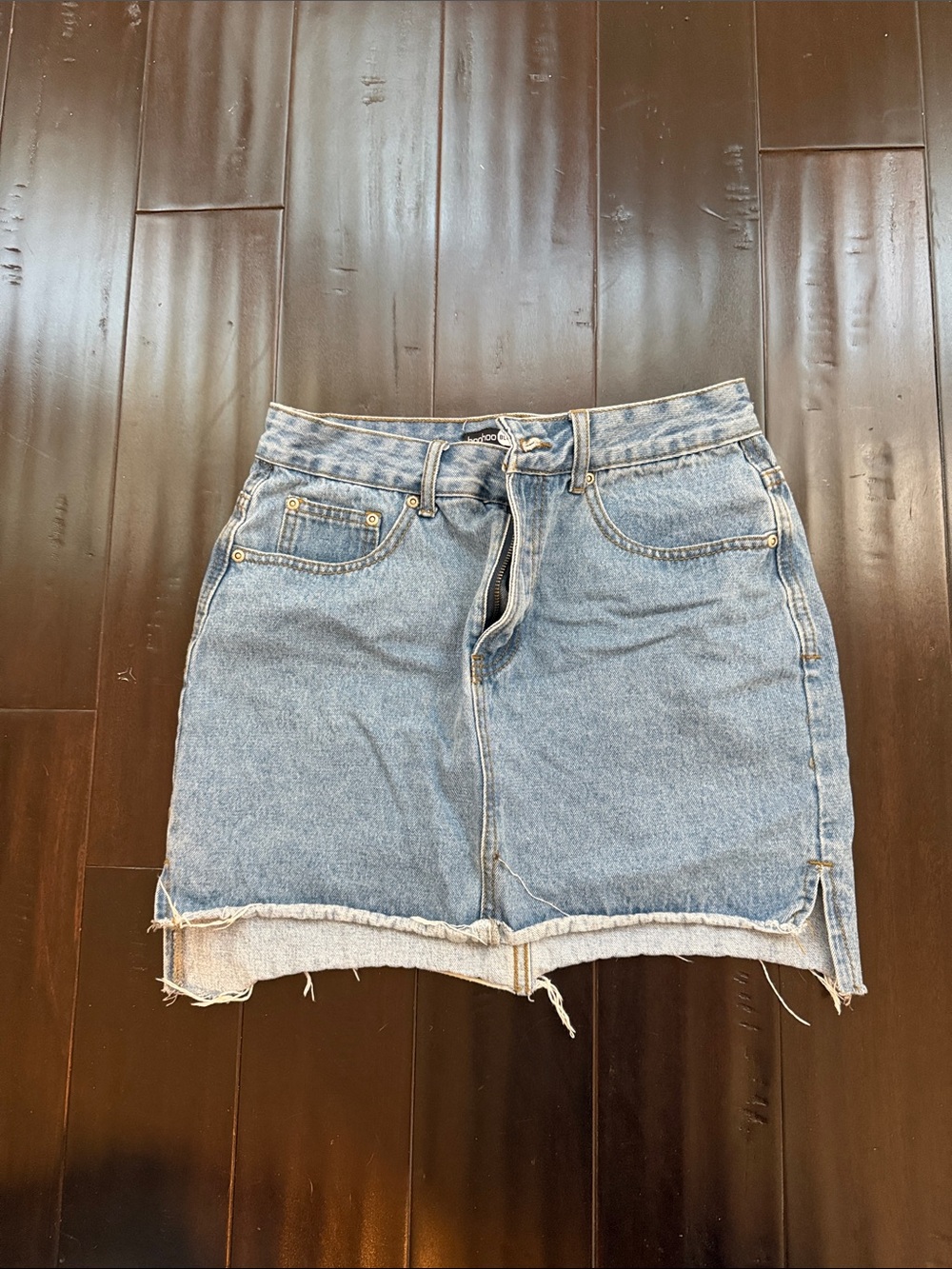 Boohoo Light Wash Denim Mini Skirt with Raw Hem